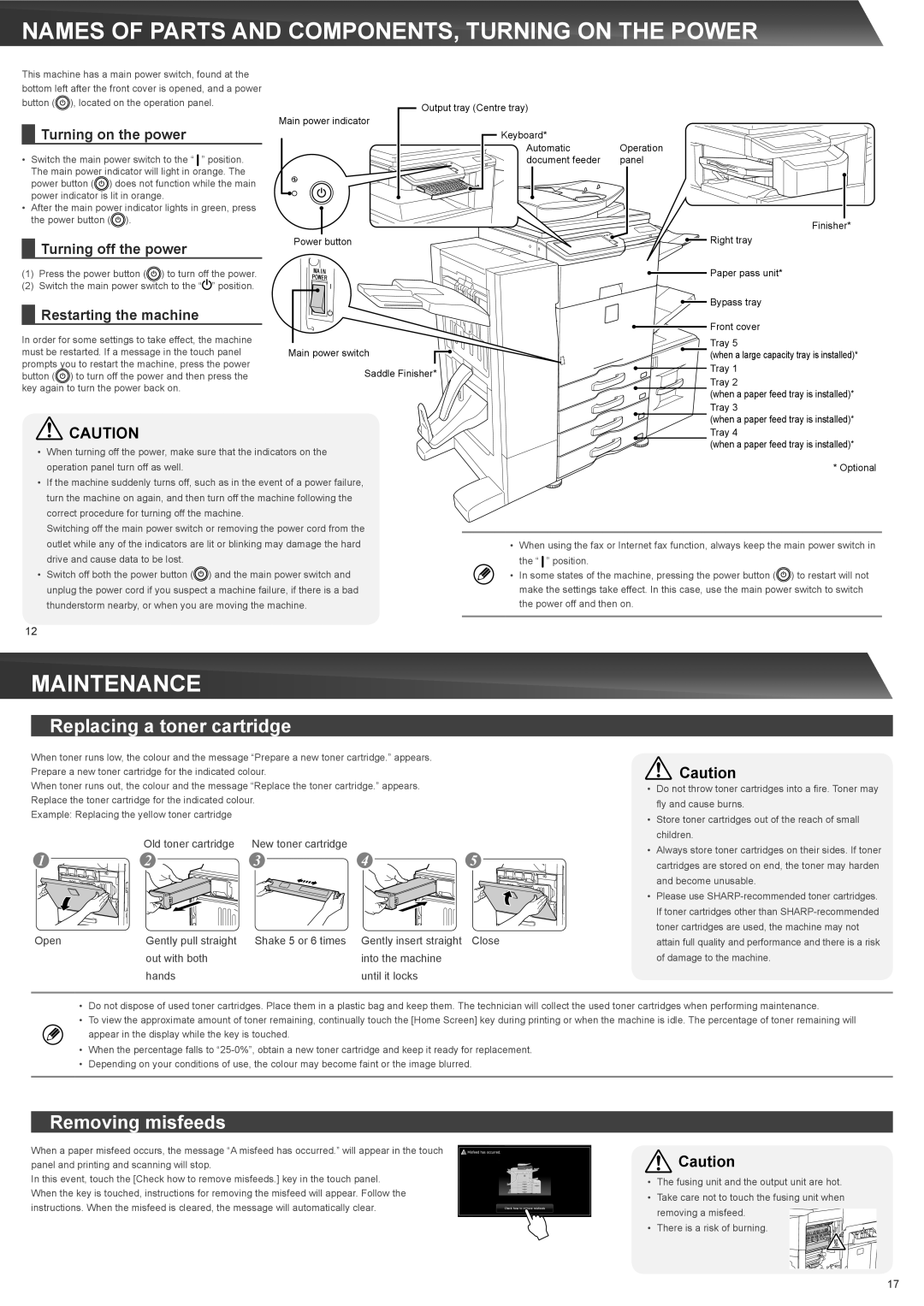 Sharp MX-3610N, MX-2610N Names of Parts and COMPONENTS, Turning on the Power, Maintenance, Replacing a toner cartridge 