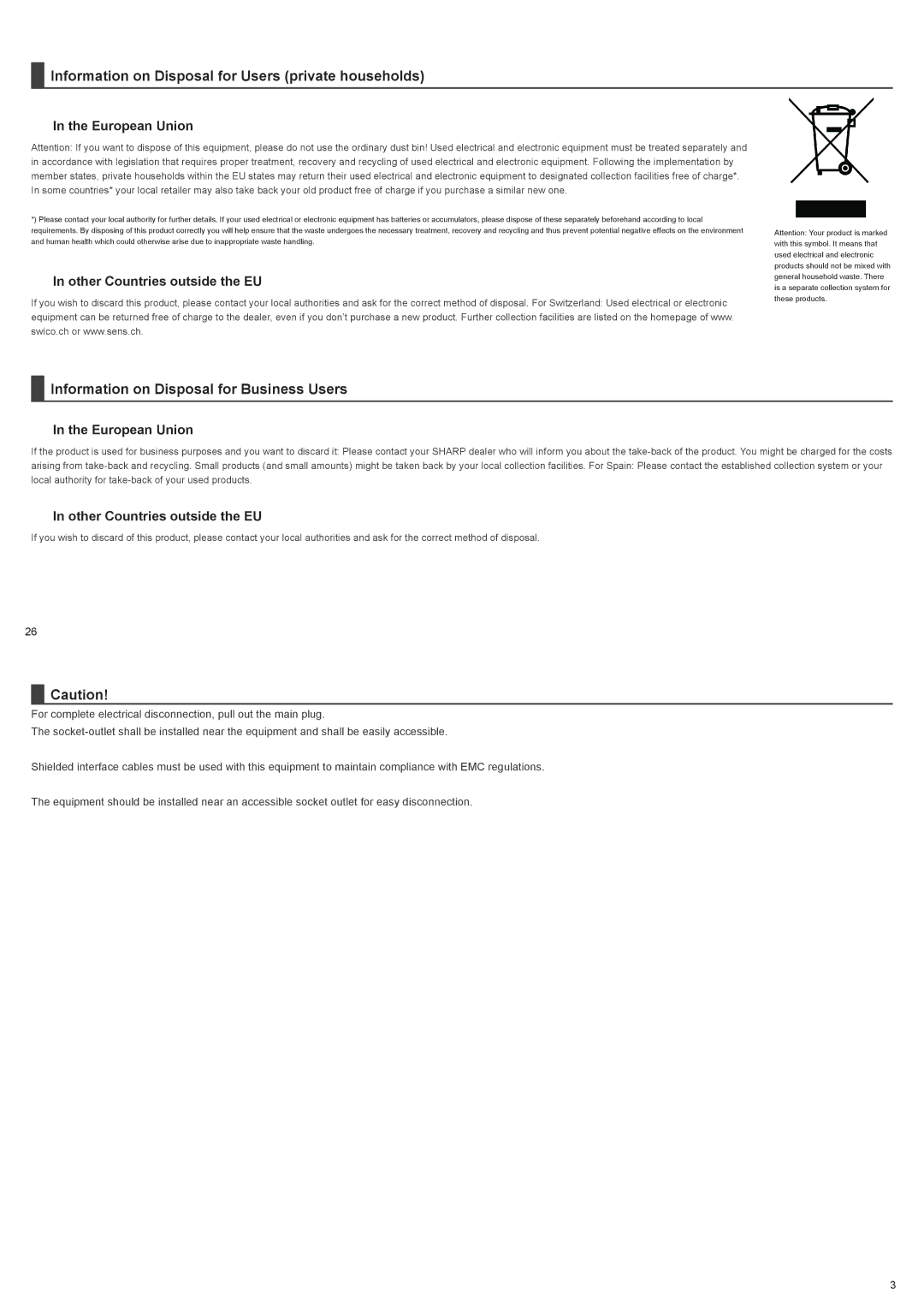 Sharp MX-3610N Information on Disposal for Users private households, Information on Disposal for Business Users 