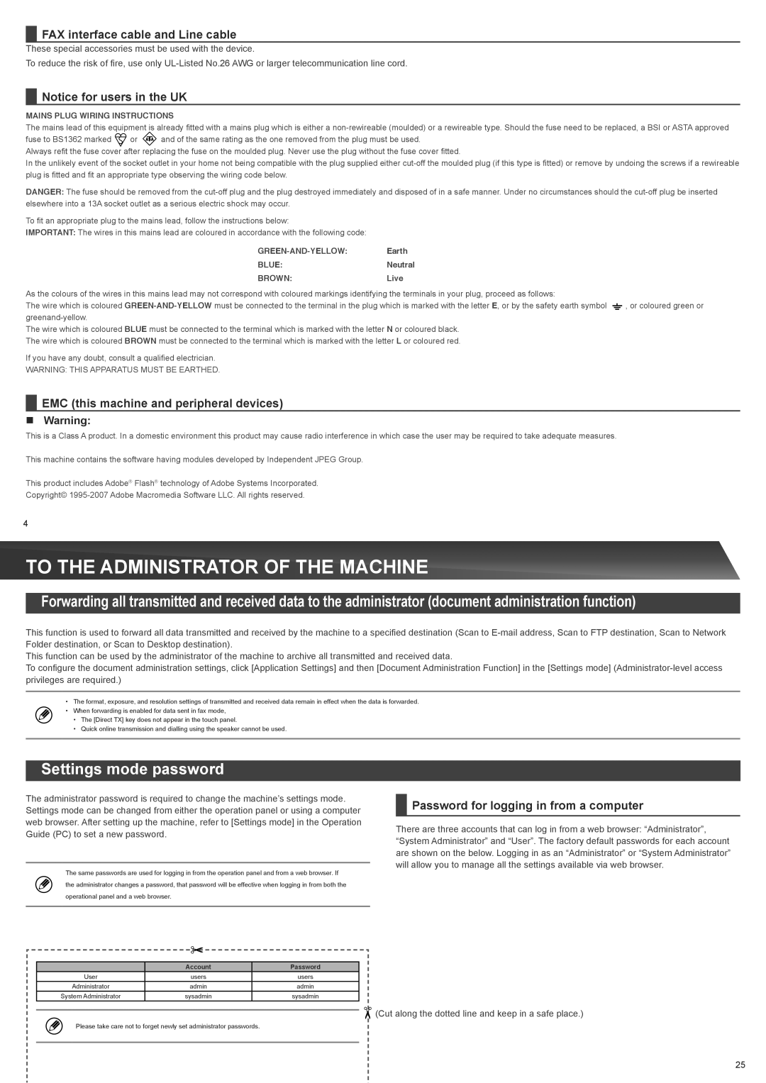 Sharp MX-2610N, MX-3610N To the Administrator of the Machine, Settings mode password, FAX interface cable and Line cable 