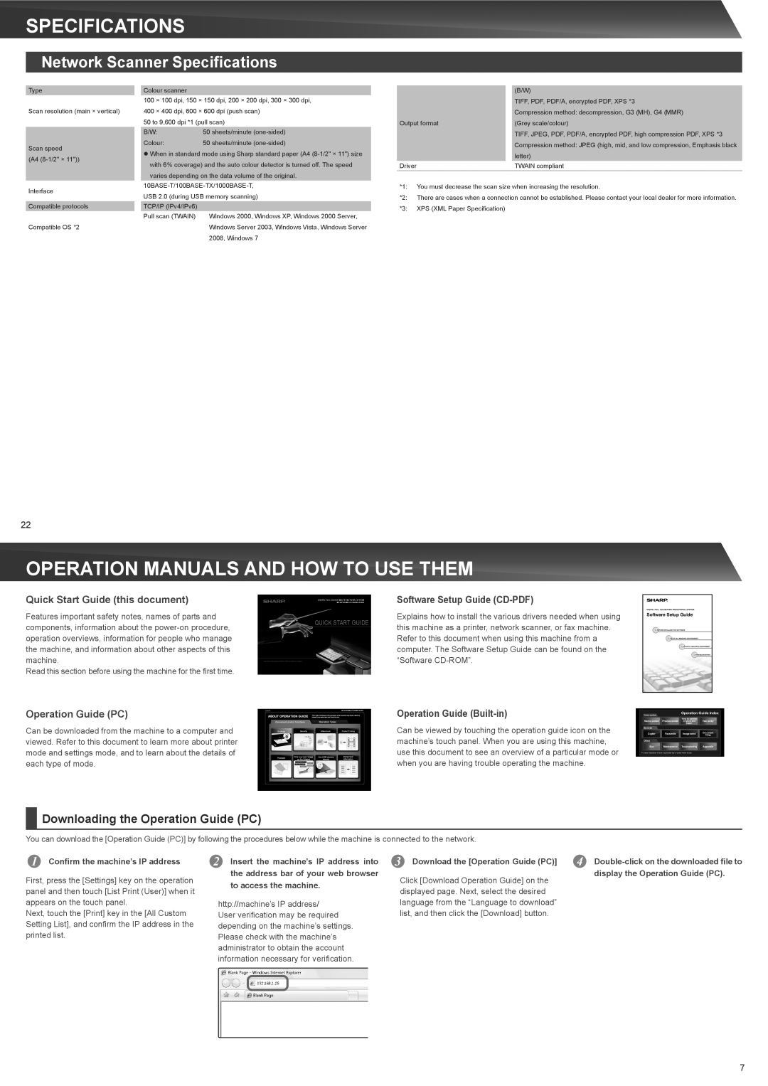 Sharp MX-2610N, MX-3610N, MX-3110N quick start Network Scanner Specifications, Downloading the Operation Guide PC 