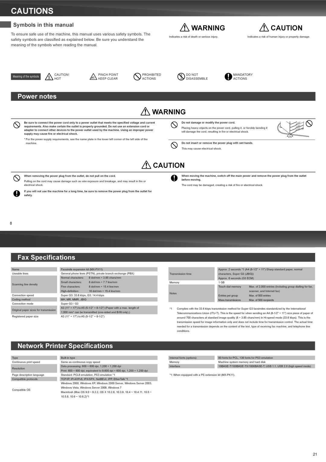 Sharp MX-3110N, MX-3610N, MX-2610N quick start Power notes, Fax Specifications, Network Printer Specifications 