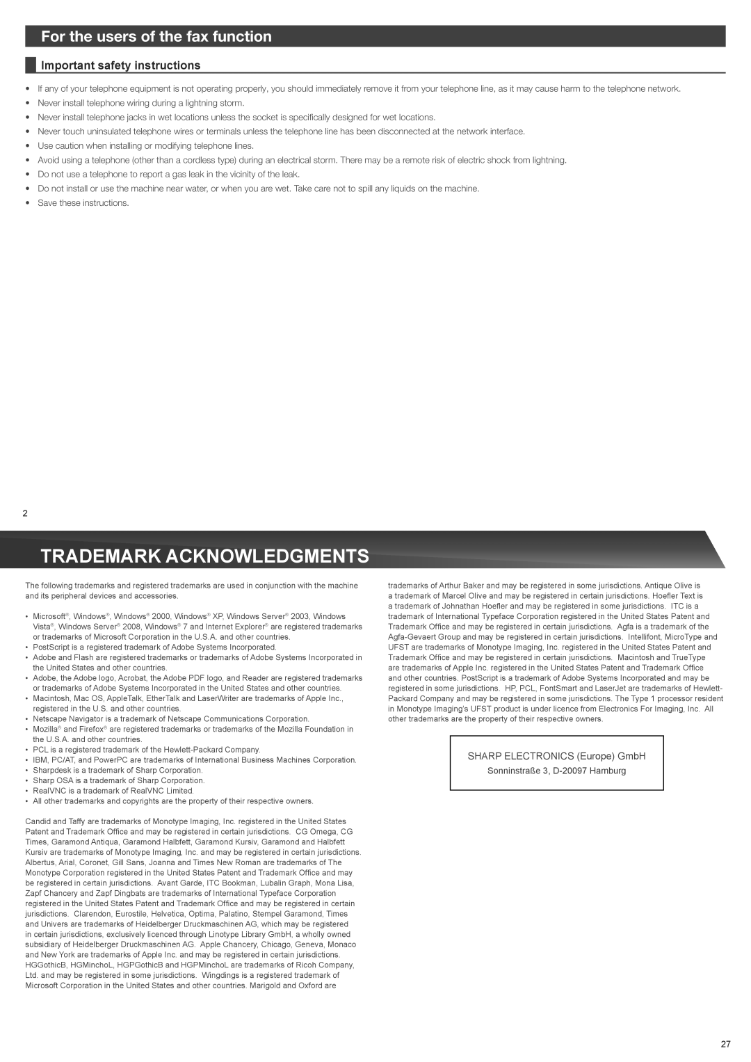 Sharp MX-3110N titleTrademark1 L acknowledgments, For the users of the fax function, Important safety instructions 