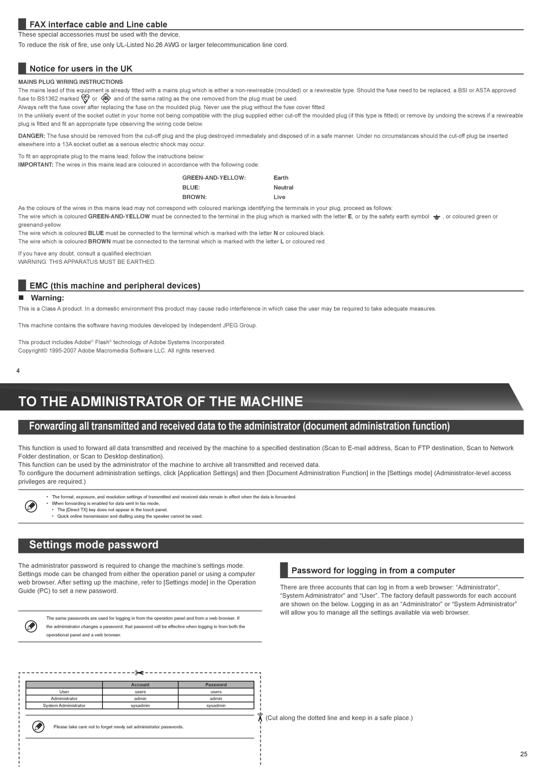 Sharp MX-2610N To The Administrator Of The Machine, Settings mode password, FAX interface cable and Line cable, „„ Warning 