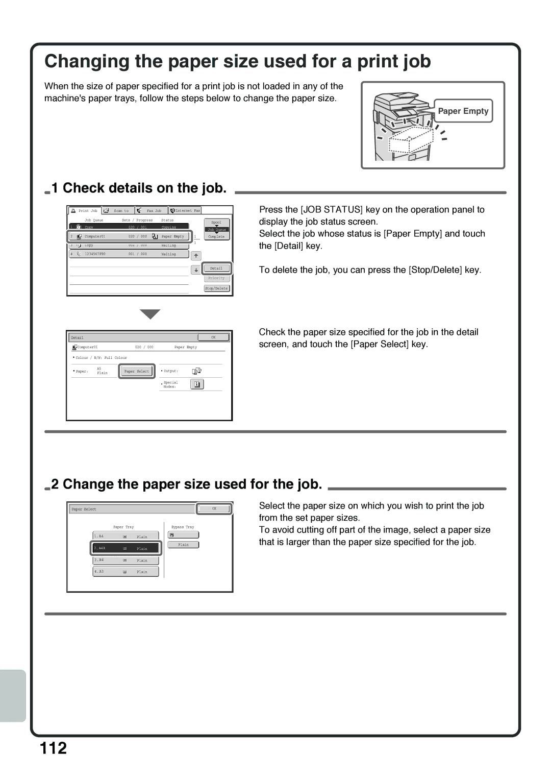 Sharp MX-4101N, MX-4100N, MX-5000N, MX-5001N Changing the paper size used for a print job, Check details on the job 