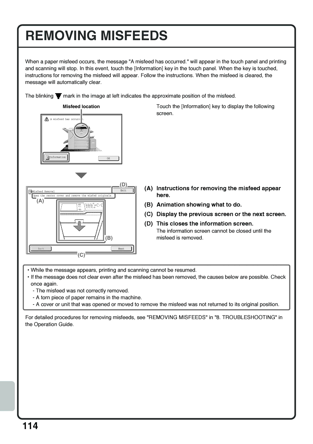 Sharp MX-4100N, MX-5000N, MX-4101N, MX-5001N quick start Removing Misfeeds, Misfeed location 