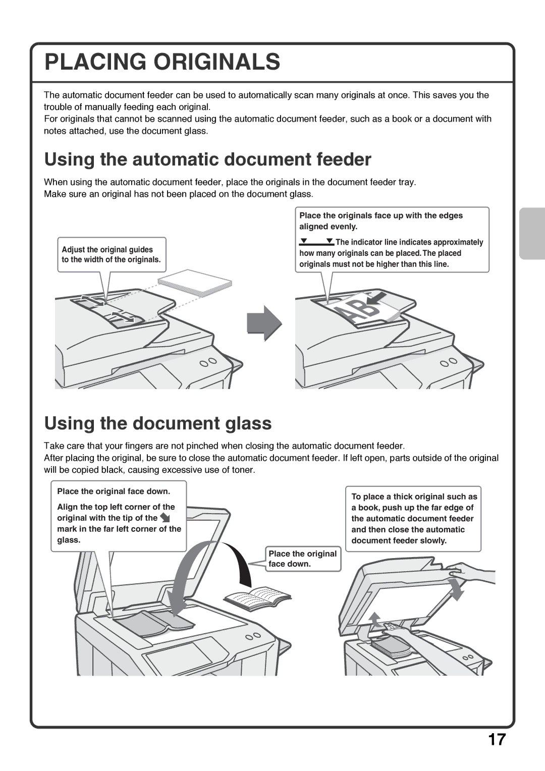 Sharp MX-5001N, MX-4100N, MX-5000N Placing Originals, Using the automatic document feeder, Using the document glass 