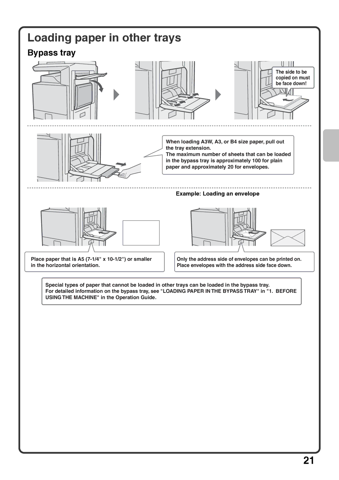 Sharp MX-5001N, MX-4100N, MX-5000N, MX-4101N quick start Loading paper in other trays, Example Loading an envelope 