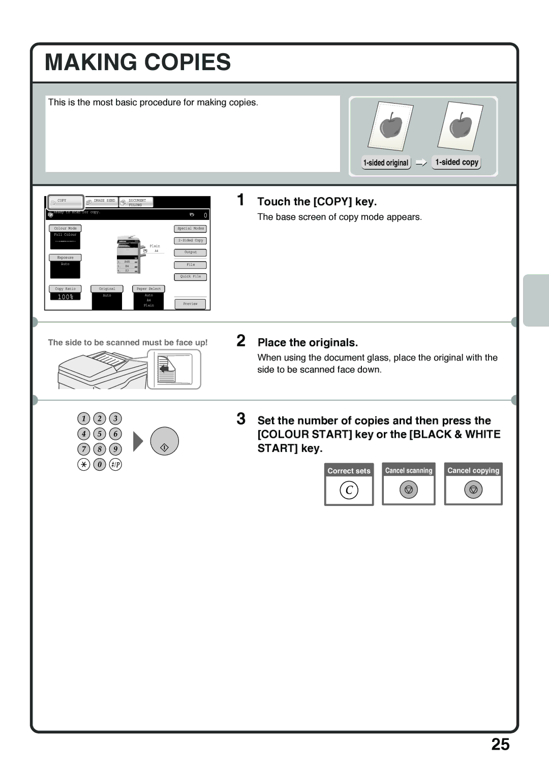 Sharp MX-5001N, MX-4100N, MX-5000N, MX-4101N Making Copies, Touch the Copy key, Place the originals, Sided original 