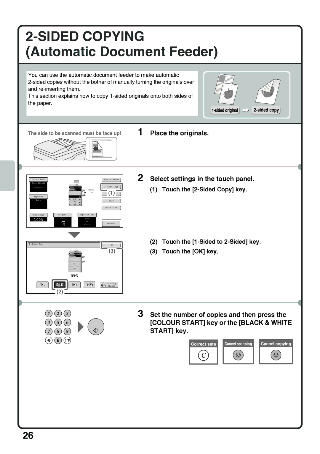 Sharp MX-4100N, MX-5000N, MX-4101N, MX-5001N Sided Copying Automatic Document Feeder, Select settings in the touch panel 