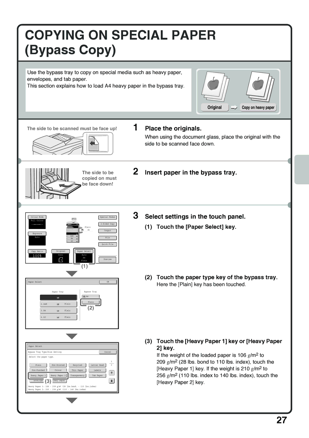 Sharp MX-5000N, MX-4100N Copying on Special Paper Bypass Copy, Touch the Heavy Paper 1 key or Heavy Paper 2 key, Original 