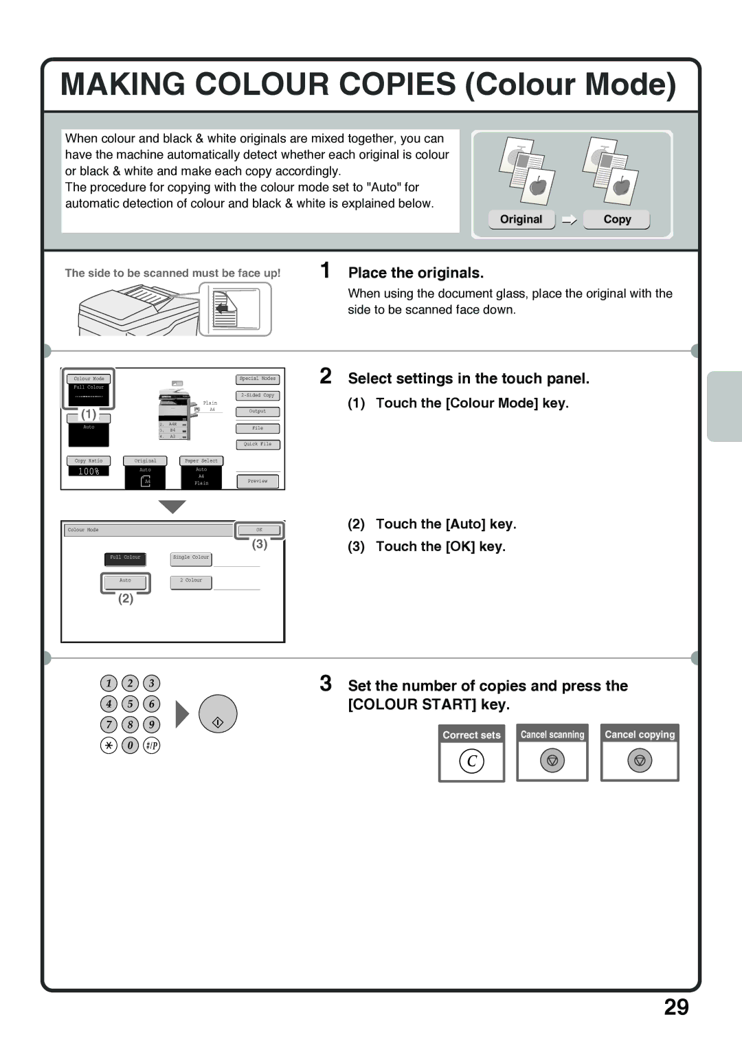 Sharp MX-5001N Making Colour Copies Colour Mode, Set the number of copies and press the Colour Start key, Original Copy 