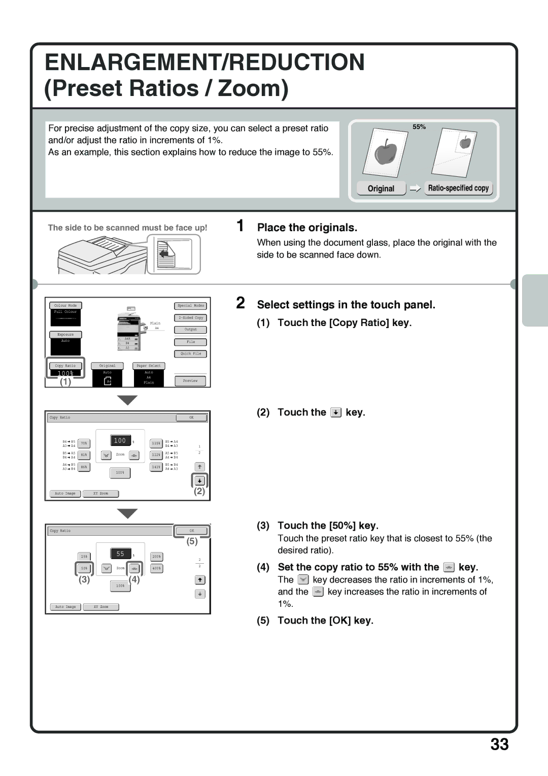 Sharp MX-5001N ENLARGEMENT/REDUCTION Preset Ratios / Zoom, Touch the Copy Ratio key Touch the key Touch the 50% key 