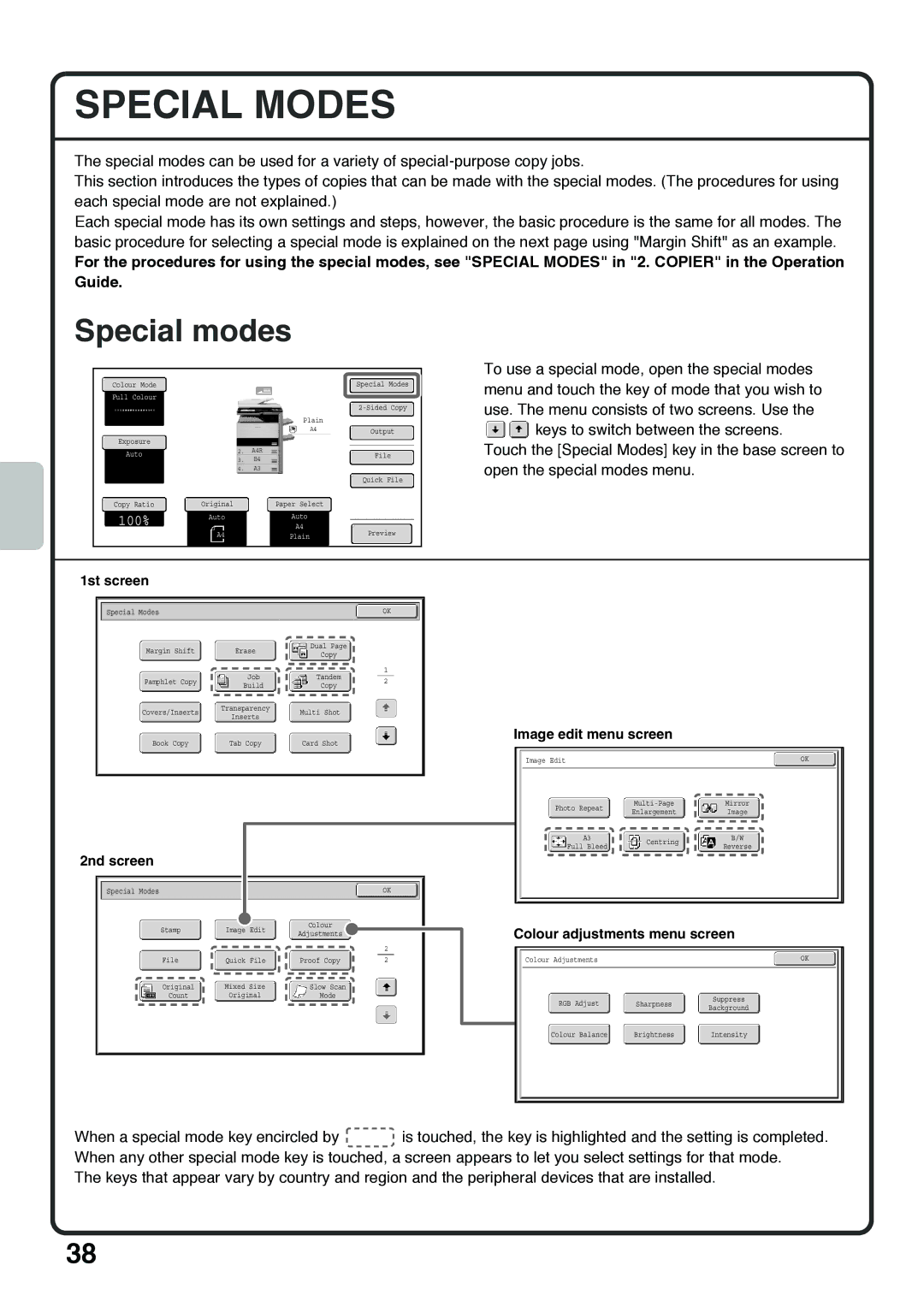 Sharp MX-4100N, MX-5000N Special Modes, Special modes, 1st screen, Image edit menu screen, Colour adjustments menu screen 