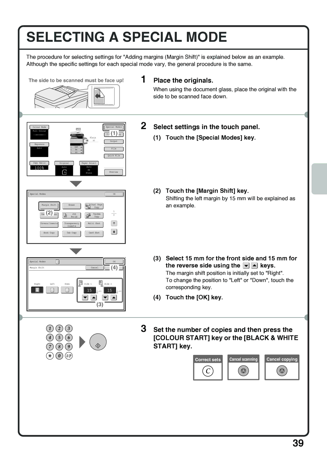 Sharp MX-5000N, MX-4100N, MX-4101N Selecting a Special Mode, Touch the Special Modes key Touch the Margin Shift key 