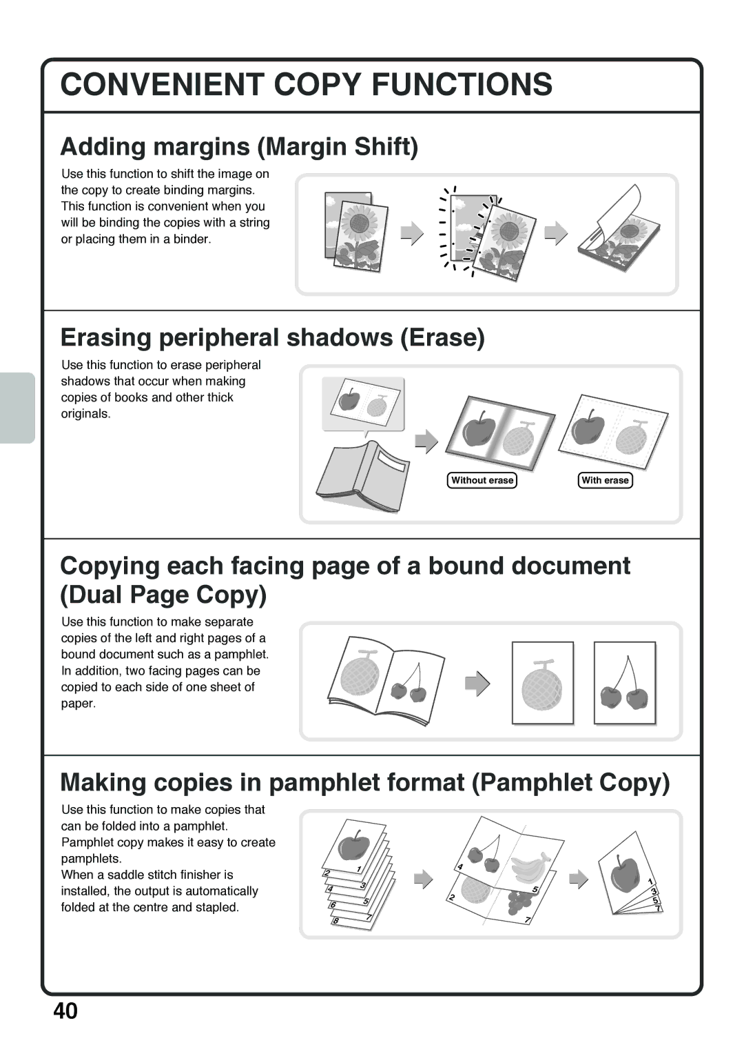 Sharp MX-4101N, MX-4100N, MX-5000N Convenient Copy Functions, Adding margins Margin Shift, Erasing peripheral shadows Erase 