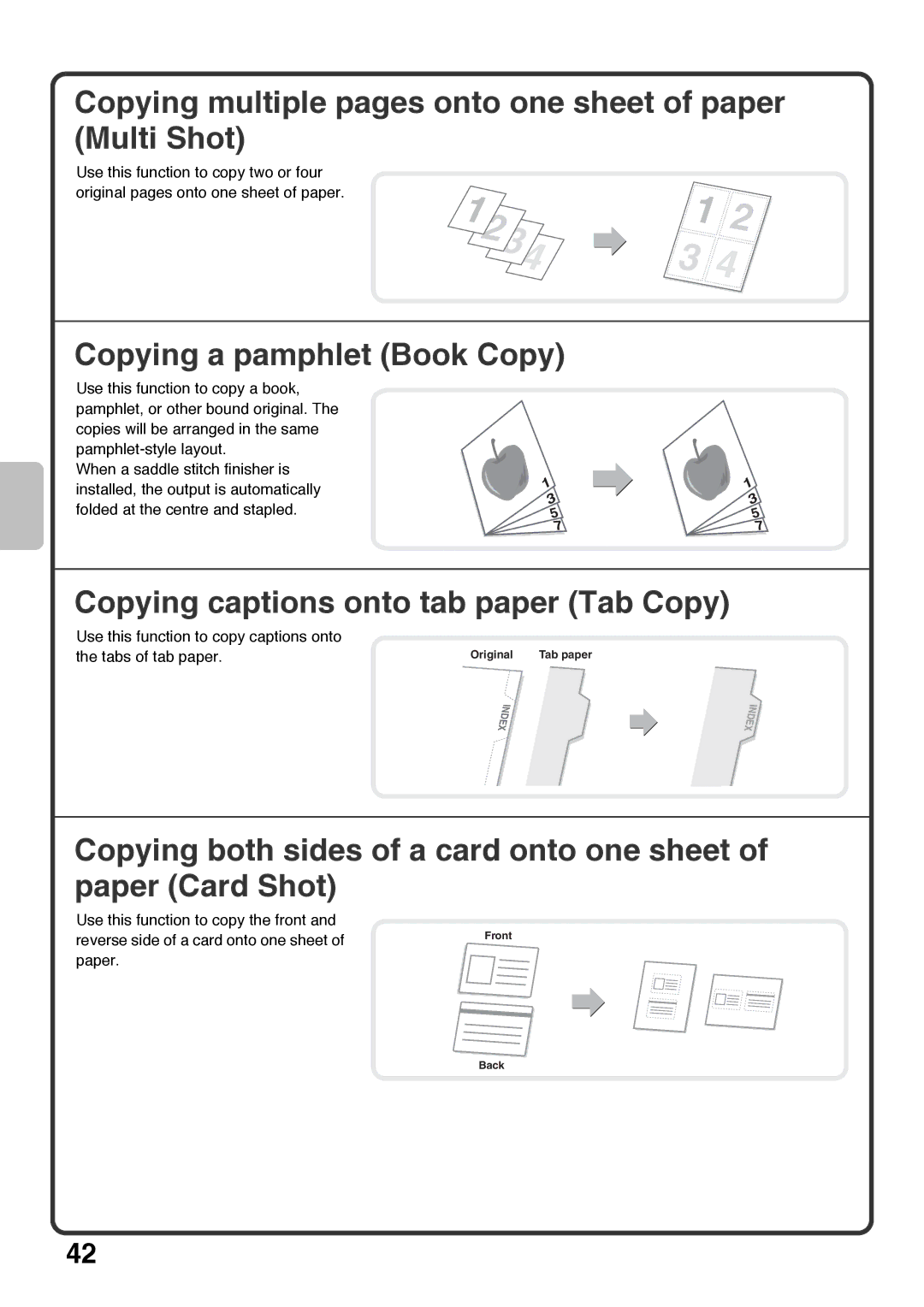 Sharp MX-4100N, MX-5000N, MX-4101N Copying multiple pages onto one sheet of paper Multi Shot, Copying a pamphlet Book Copy 