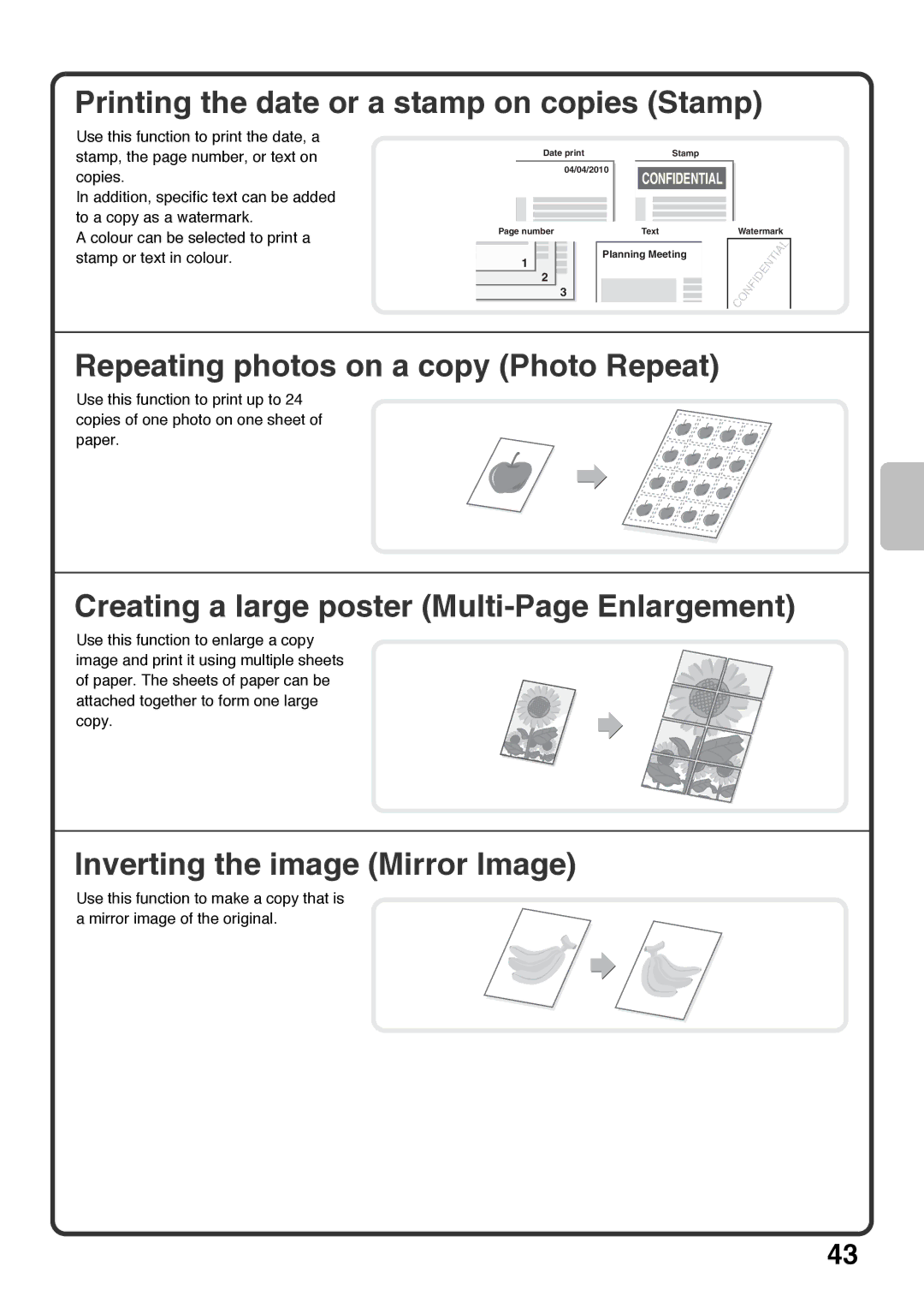 Sharp MX-5000N, MX-4100N, MX-4101N Printing the date or a stamp on copies Stamp, Repeating photos on a copy Photo Repeat 