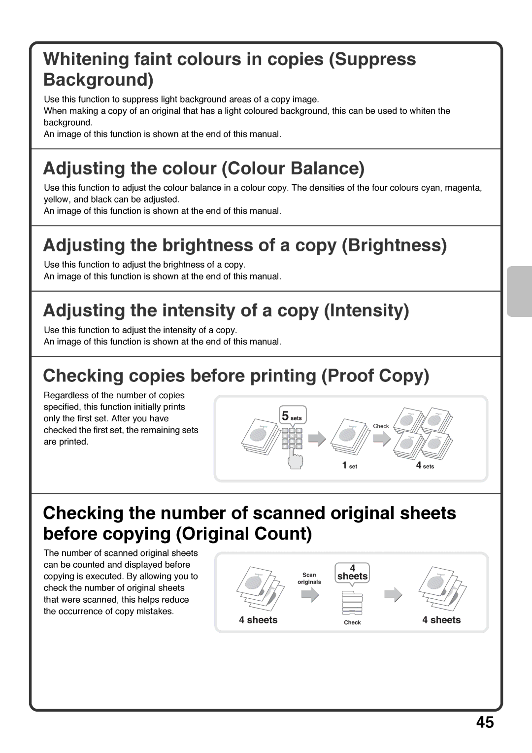 Sharp MX-5001N, MX-4100N Whitening faint colours in copies Suppress Background, Adjusting the colour Colour Balance 