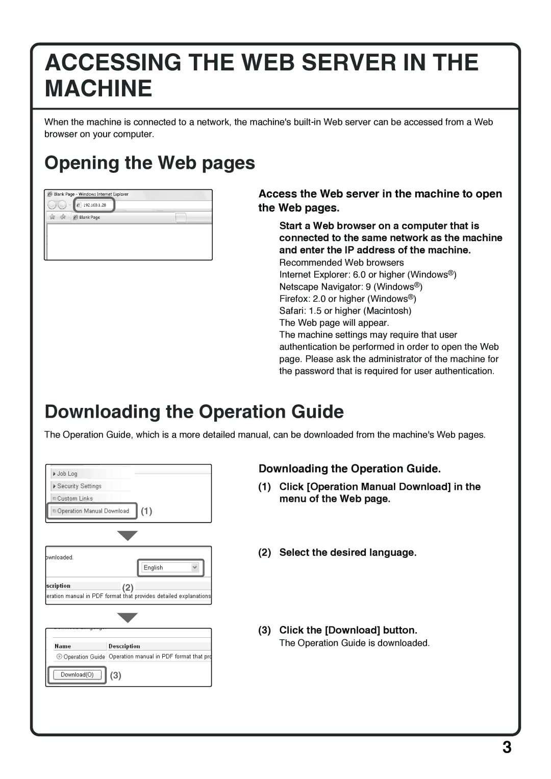 Sharp MX-5000N, MX-4100N Accessing the WEB Server in the Machine, Opening the Web pages, Downloading the Operation Guide 