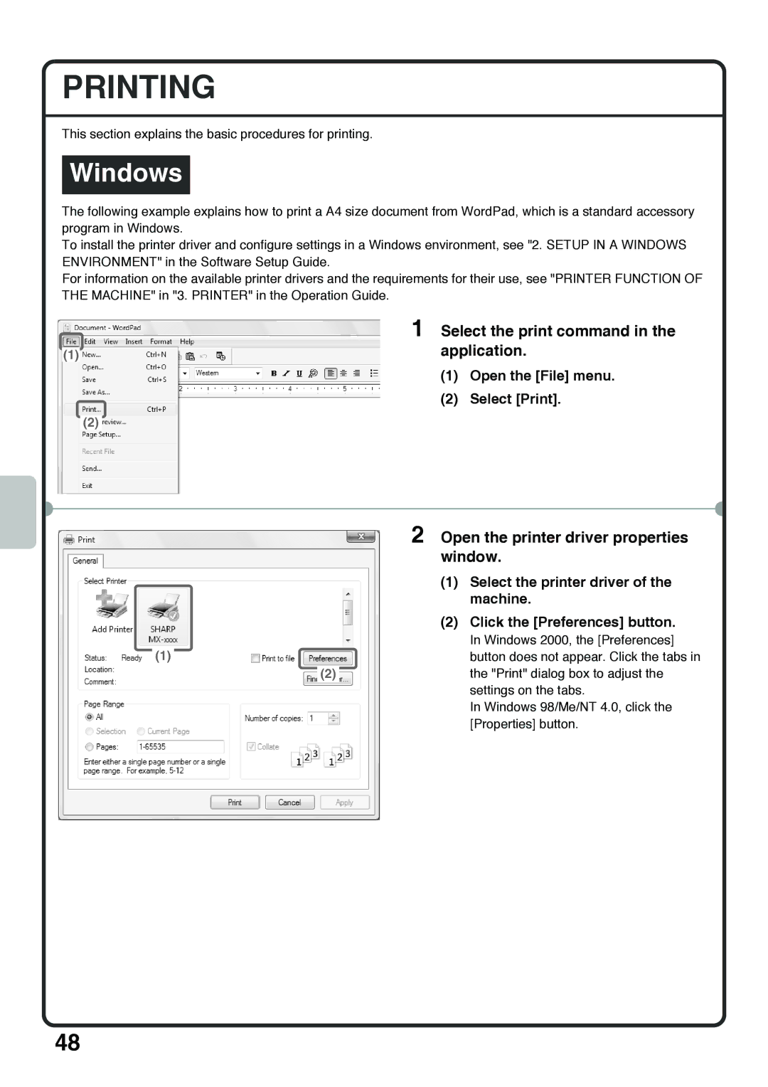 Sharp MX-4101N, MX-4100N Printing, Select the print command, Application, Open the printer driver properties Window 