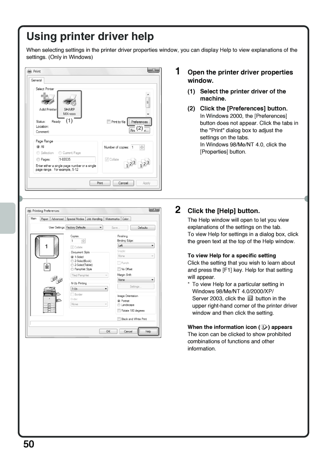 Sharp MX-4100N, MX-5000N, MX-4101N Using printer driver help, Click the Help button, To view Help for a specific setting 