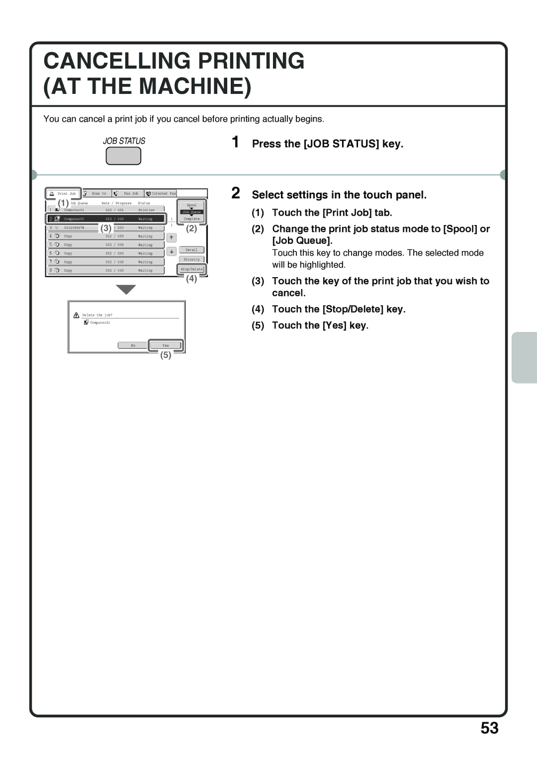 Sharp MX-5001N, MX-4100N, MX-5000N, MX-4101N quick start Cancelling Printing AT the Machine, Press the JOB Status key 