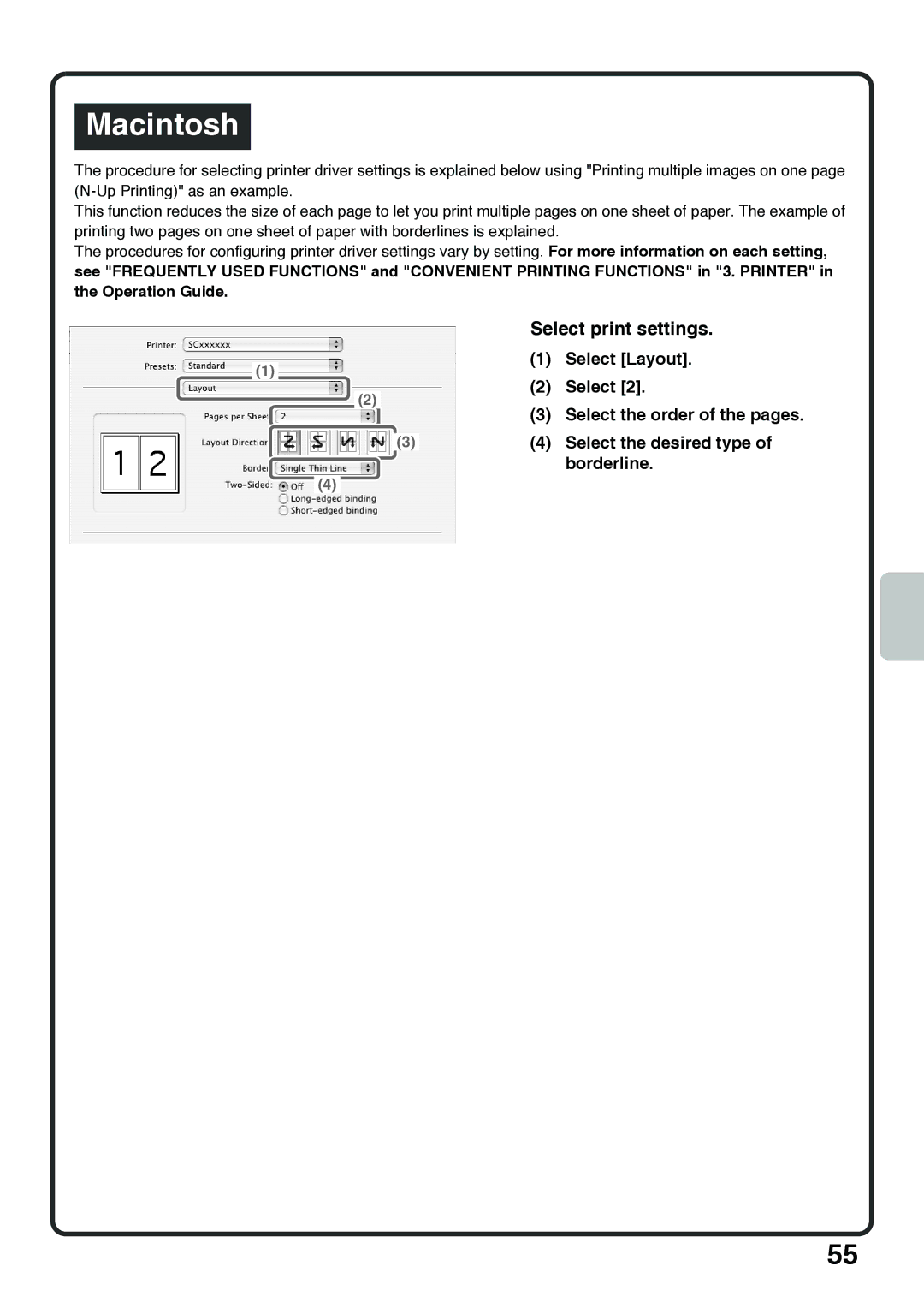 Sharp MX-5000N, MX-4100N, MX-4101N Select Layout, Select the desired type, Borderline, Select the order of the pages 