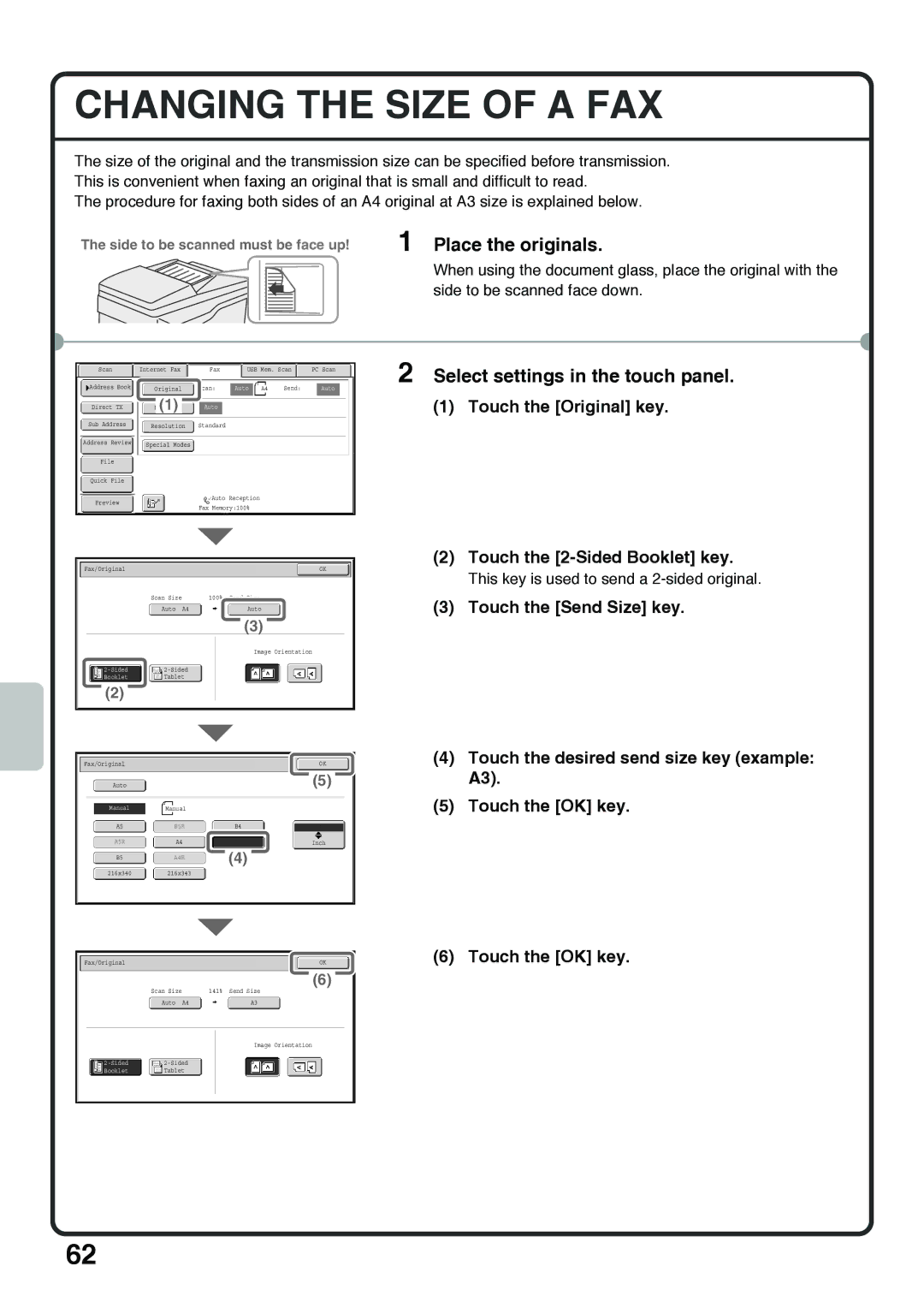 Sharp MX-4100N Changing the Size of a FAX, Touch the Original key, Touch the 2-Sided Booklet key, Touch the Send Size key 