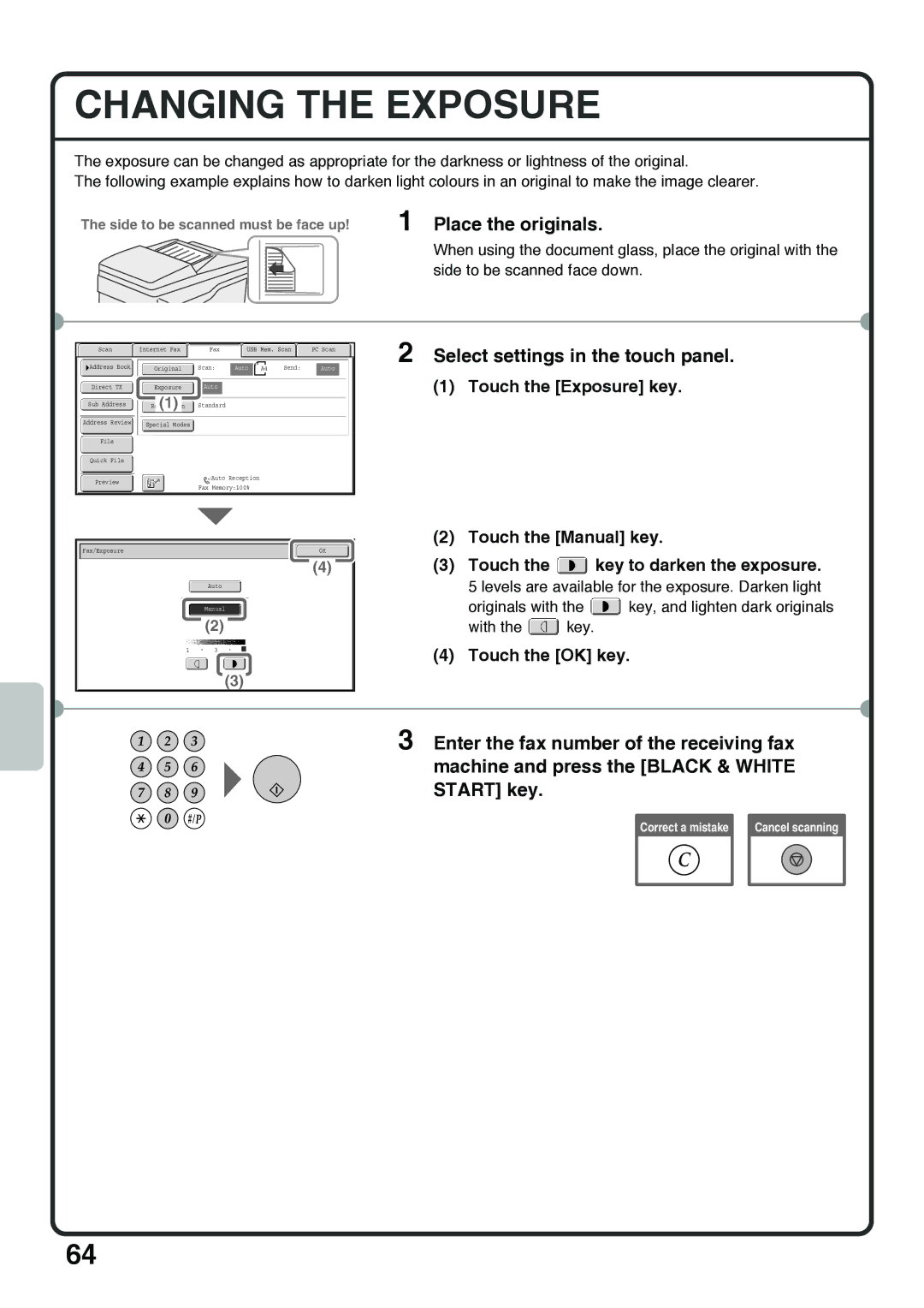 Sharp MX-4101N Changing the Exposure, Touch the Exposure key, Touch the Manual key, Touch Key to darken the exposure 