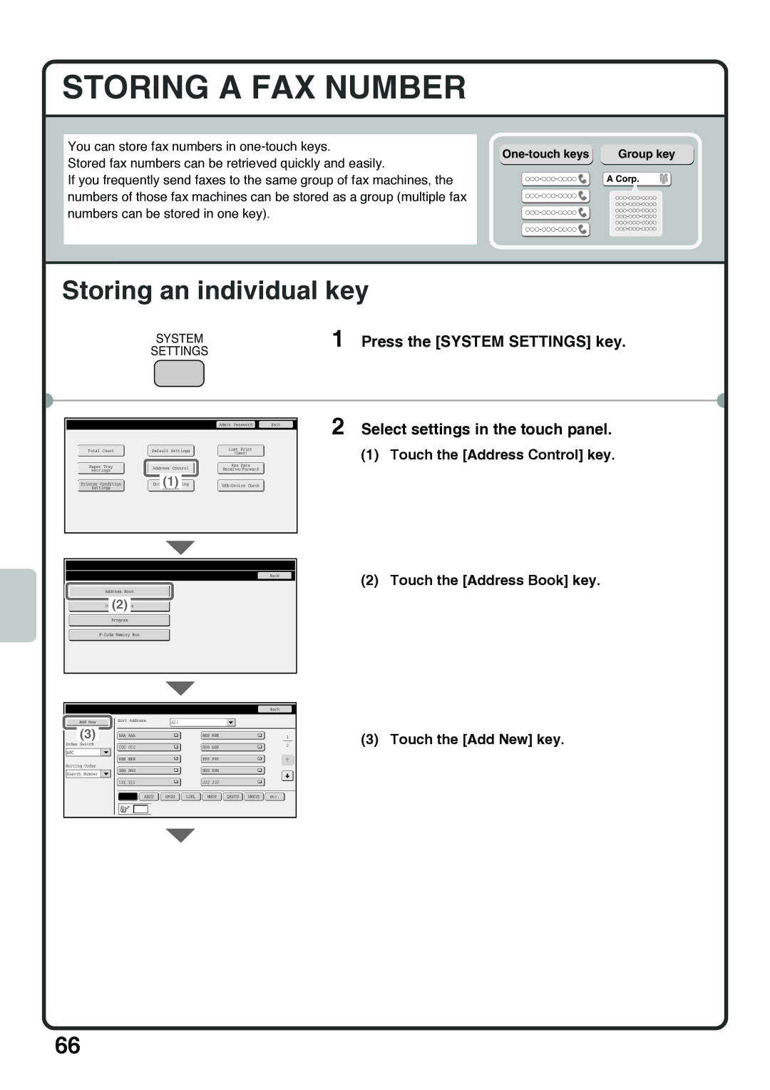 Sharp MX-4100N Storing a FAX Number, Storing an individual key, Touch the Address Control key Touch the Address Book key 