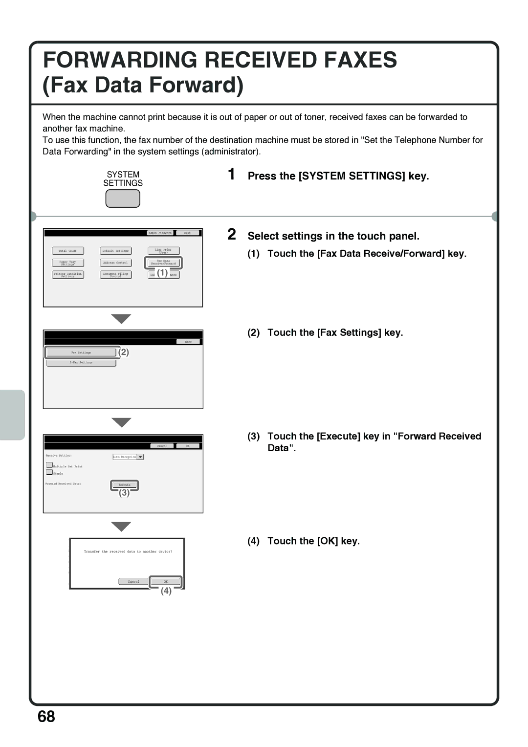 Sharp MX-4101N, MX-4100N, MX-5000N, MX-5001N Forwarding Received Faxes Fax Data Forward, System Settings Fax Settings 