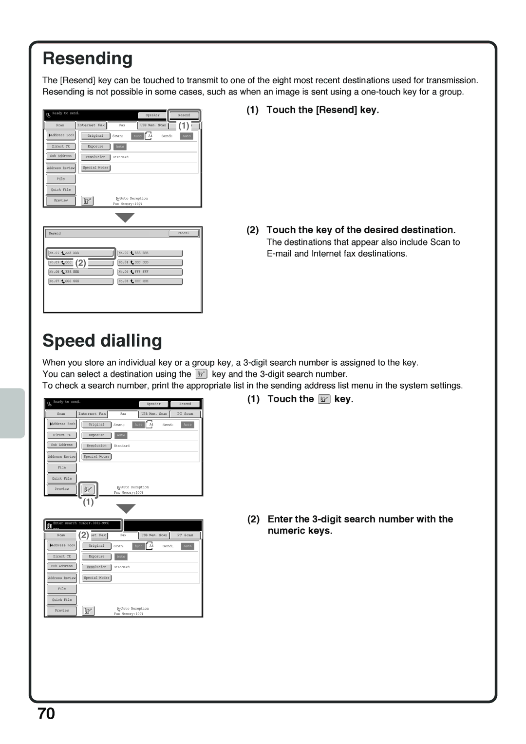 Sharp MX-4100N, MX-5000N, MX-4101N, MX-5001N quick start Resending, Speed dialling 