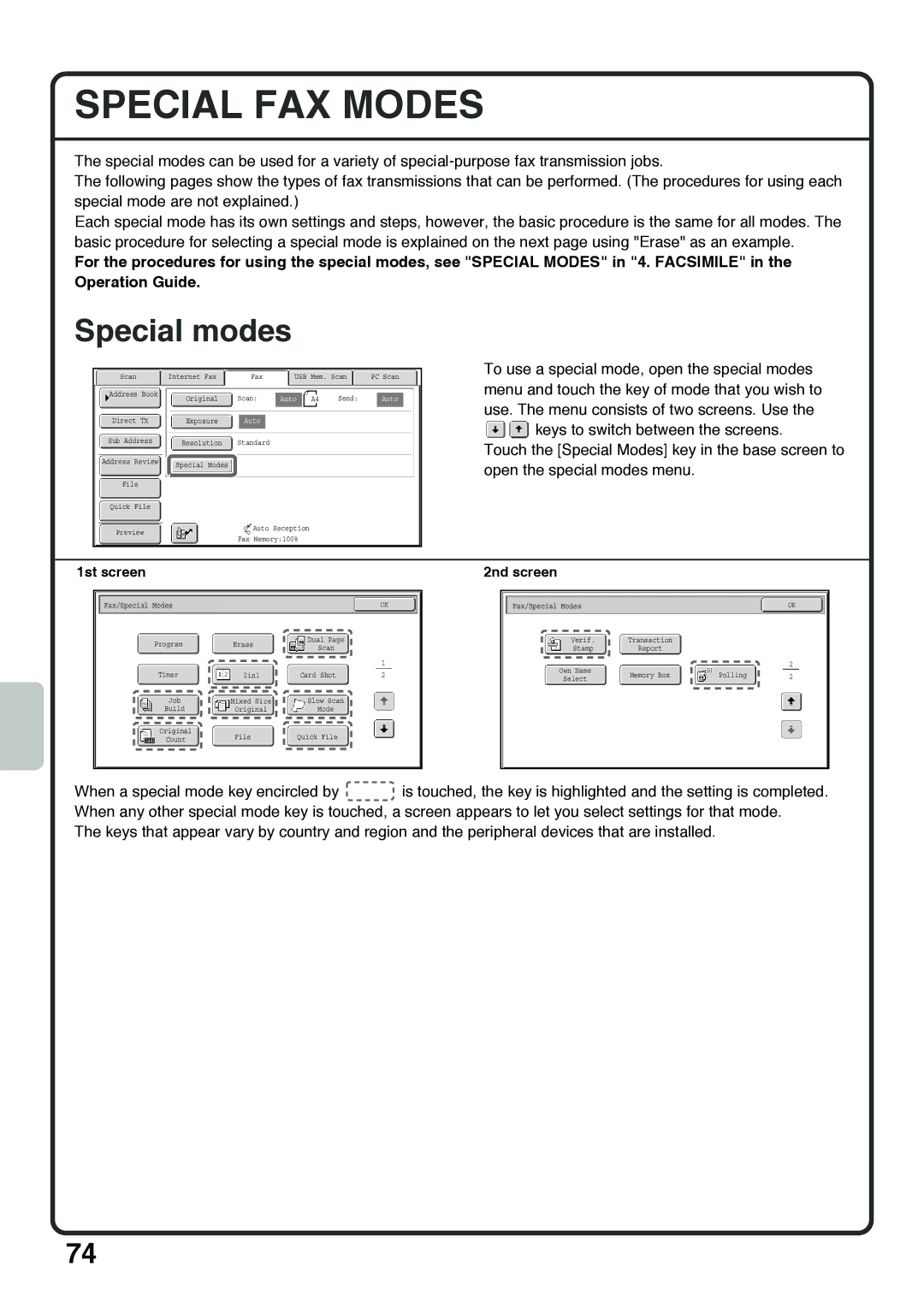 Sharp MX-4100N, MX-5000N, MX-4101N, MX-5001N quick start Special FAX Modes, 1st screen 2nd screen 