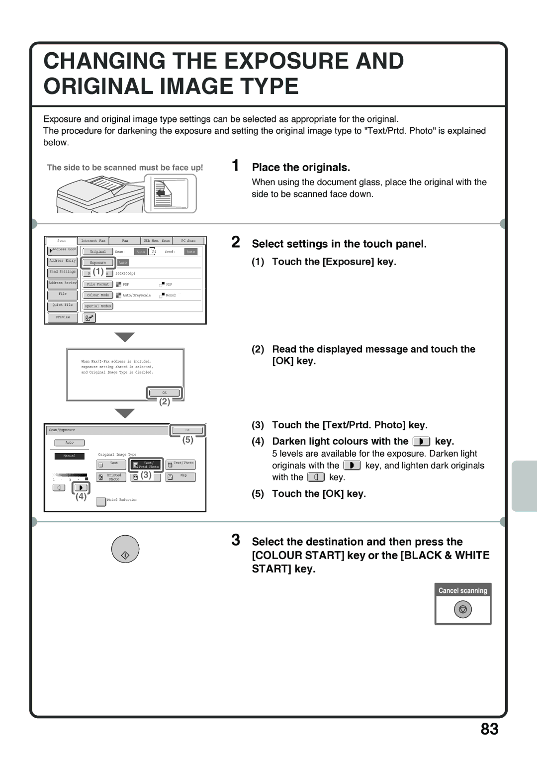 Sharp MX-5000N, MX-4100N, MX-4101N, MX-5001N quick start Changing the Exposure and Original Image Type, Touch the Exposure key 