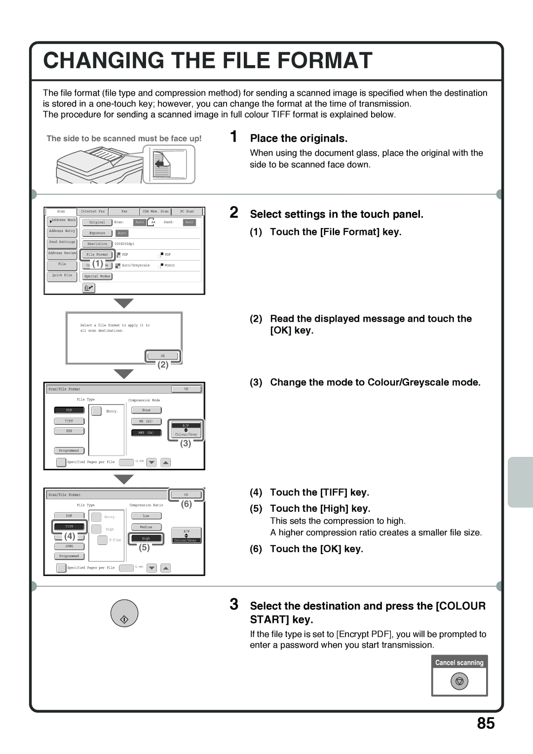 Sharp MX-5001N Changing the File Format, Select the destination and press the Colour Start key, Touch the File Format key 