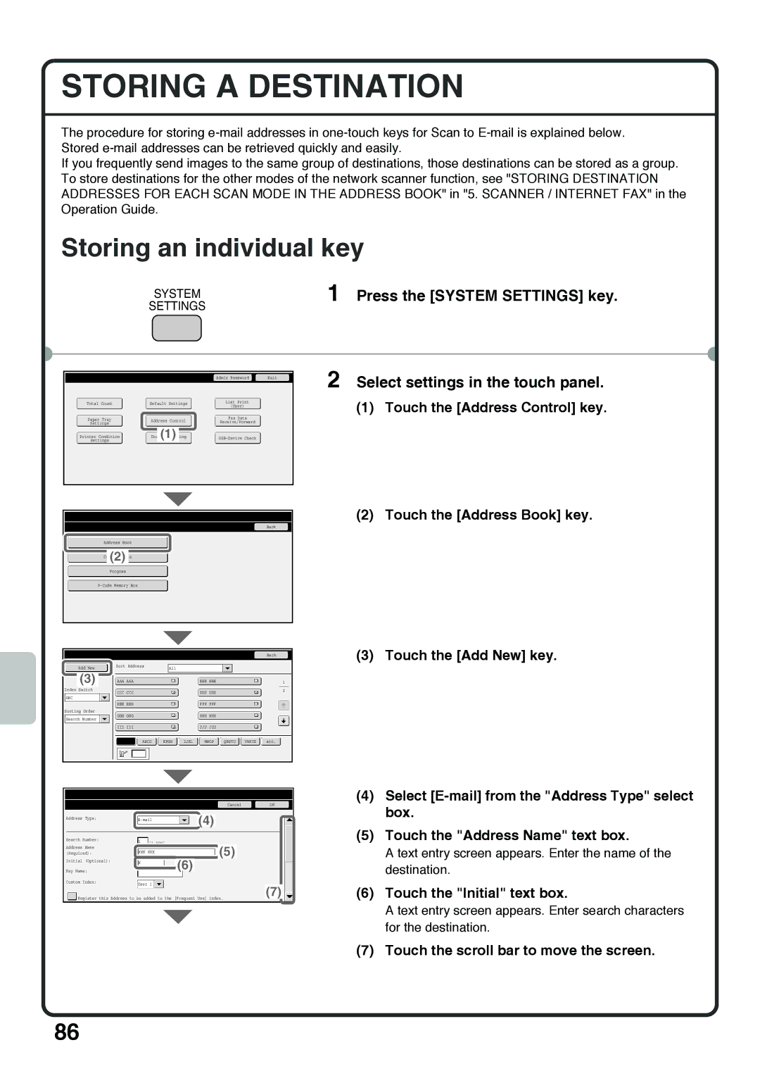 Sharp MX-4100N Storing a Destination, Touch the Address Control key, Touch the Address Book key Touch the Add New key 