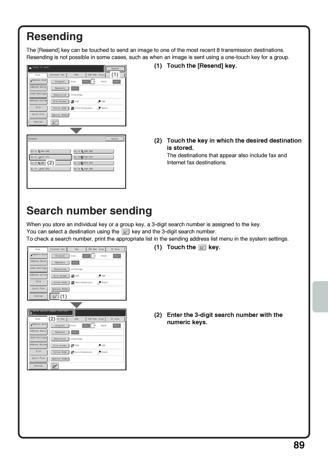 Sharp MX-5001N, MX-4100N, MX-5000N, MX-4101N quick start Search number sending, Touch the Resend key 