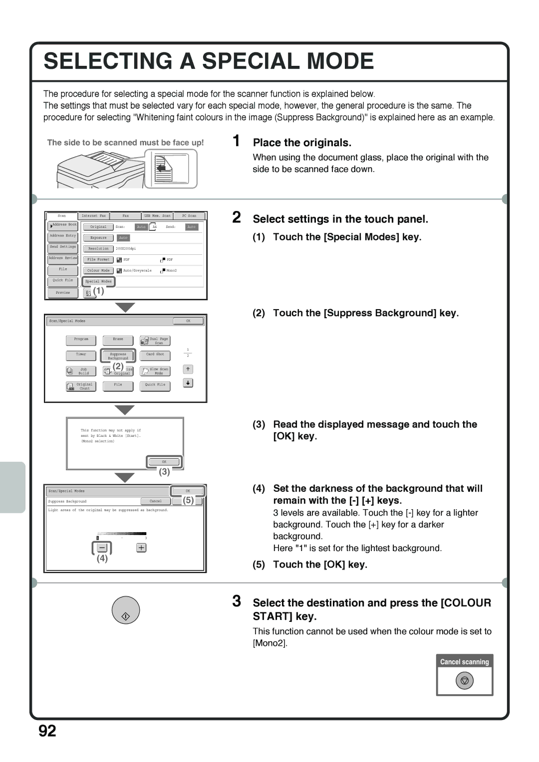 Sharp MX-4101N, MX-4100N, MX-5000N, MX-5001N quick start Selecting a Special Mode, Touch the Suppress Background key 