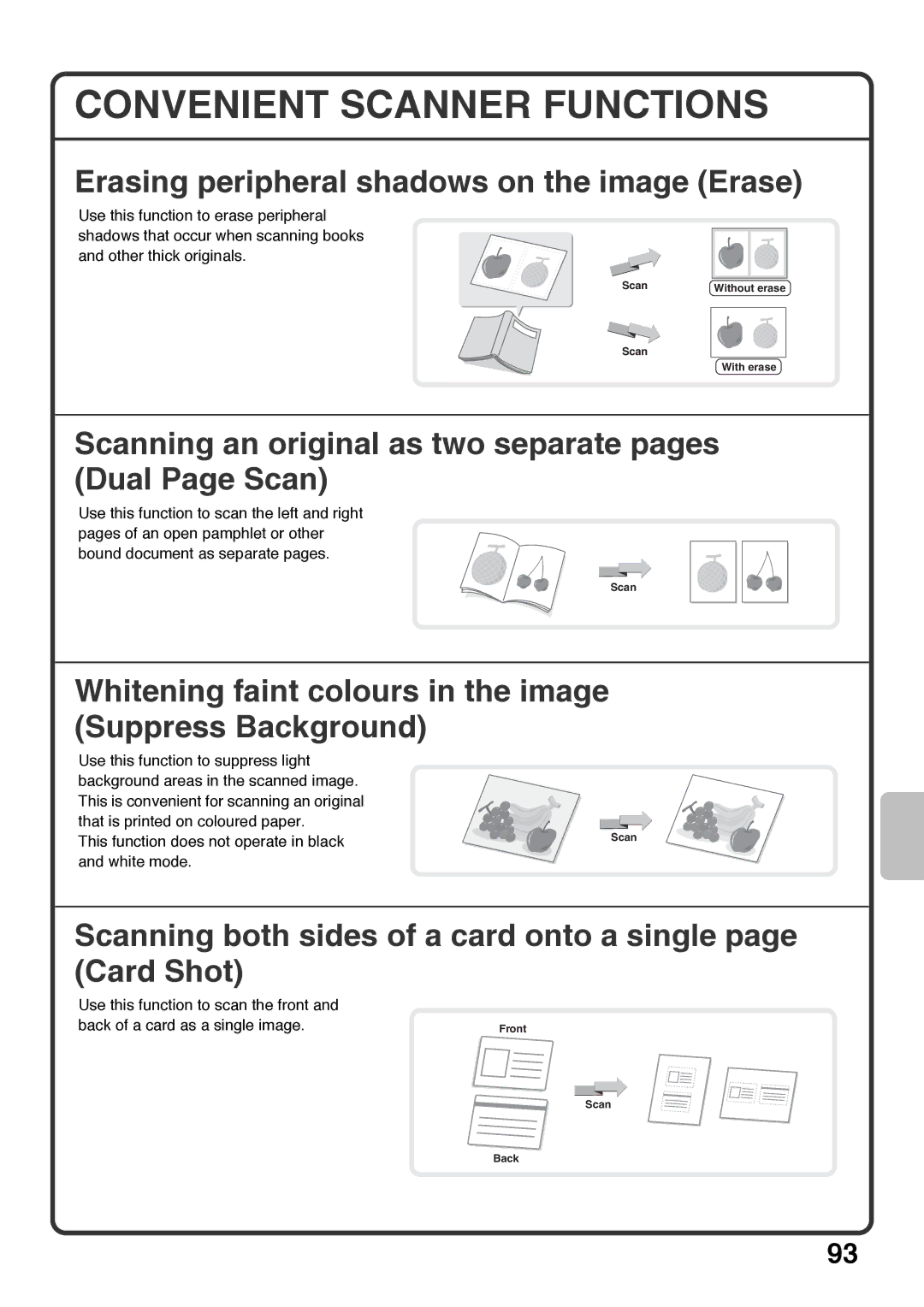 Sharp MX-5001N, MX-4100N, MX-5000N, MX-4101N Convenient Scanner Functions, Erasing peripheral shadows on the image Erase 