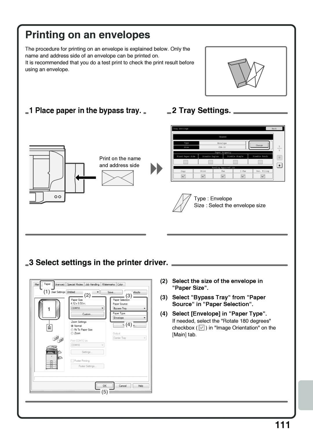 Sharp MX-5000N Printing on an envelopes, Place paper in the bypass tray, Tray Settings, Select Envelope in Paper Type 