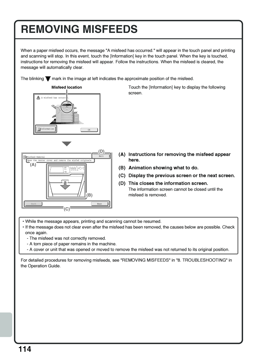 Sharp MX-4100N Removing Misfeeds, A Instructions for removing the misfeed appear here, B Animation showing what to do 