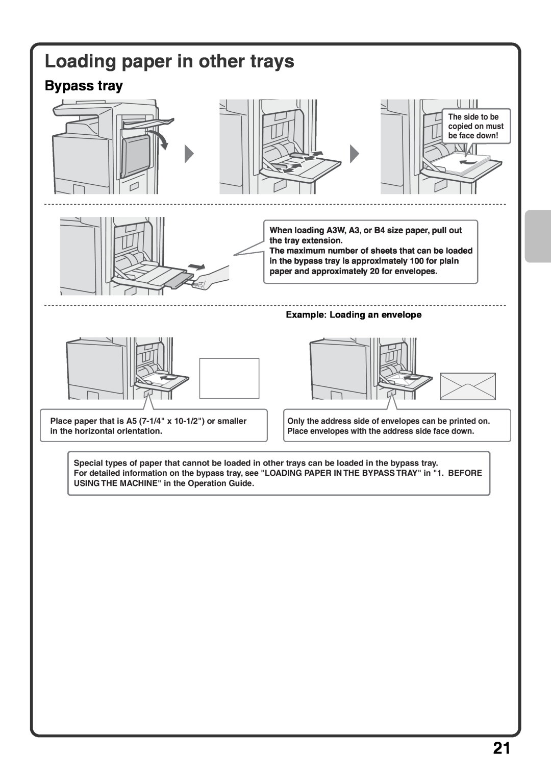 Sharp MX-5001N, MX-4100N, MX-5000N, MX-4101N Loading paper in other trays, Bypass tray, Example Loading an envelope 
