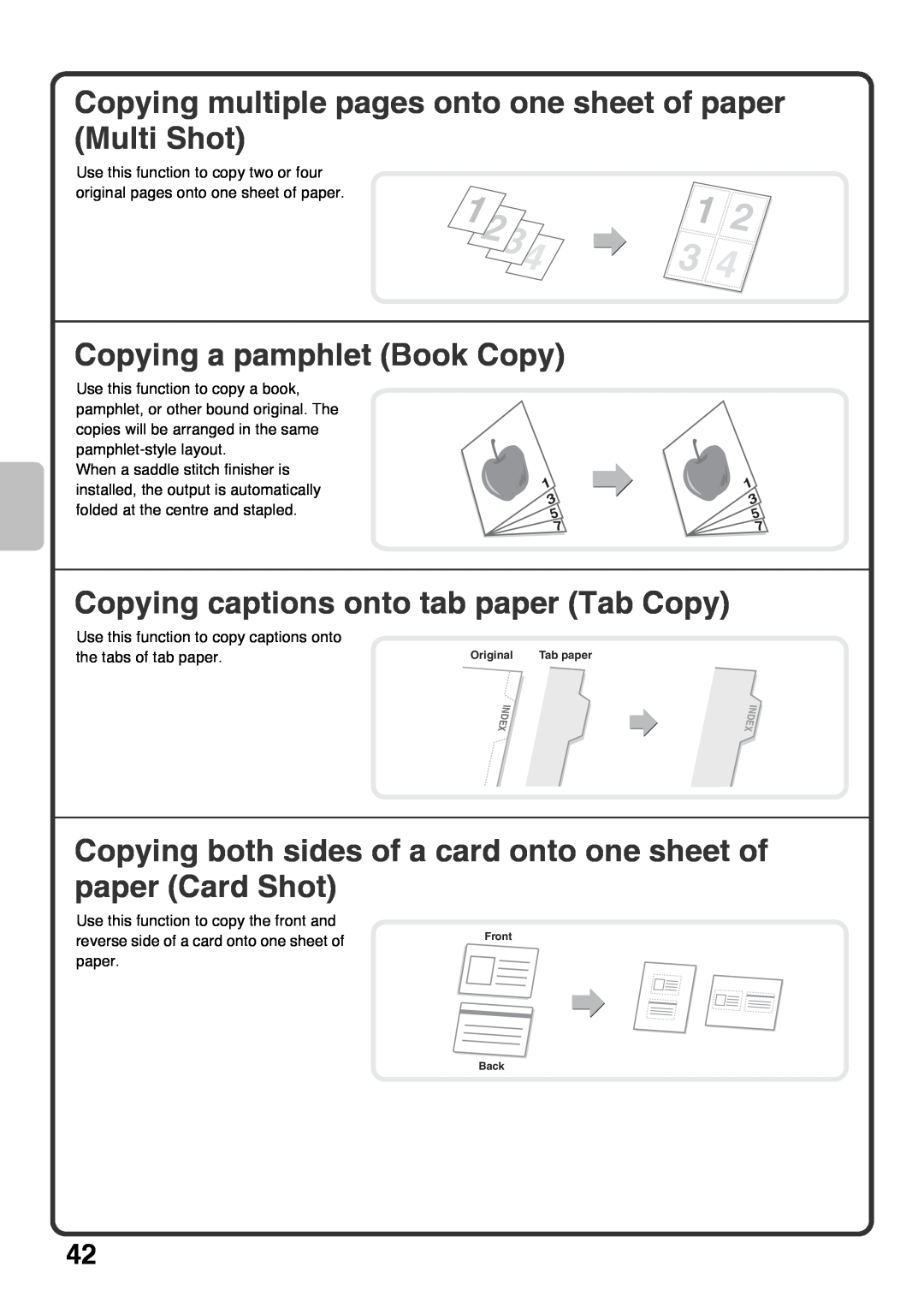 Sharp MX-4100N, MX-5000N, MX-4101N Copying multiple pages onto one sheet of paper Multi Shot, Copying a pamphlet Book Copy 