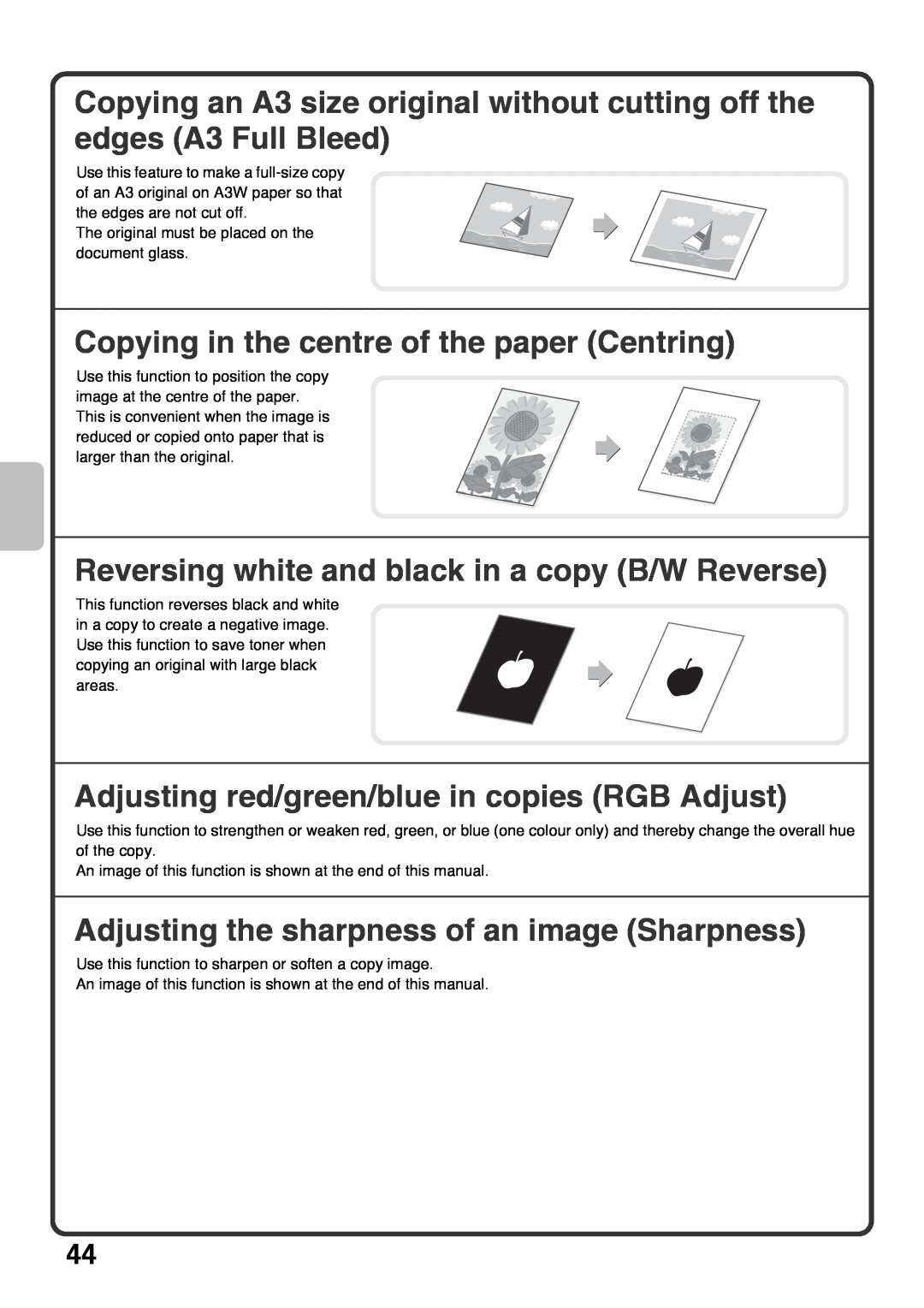 Sharp MX-4101N, MX-4100N Copying in the centre of the paper Centring, Reversing white and black in a copy B/W Reverse 