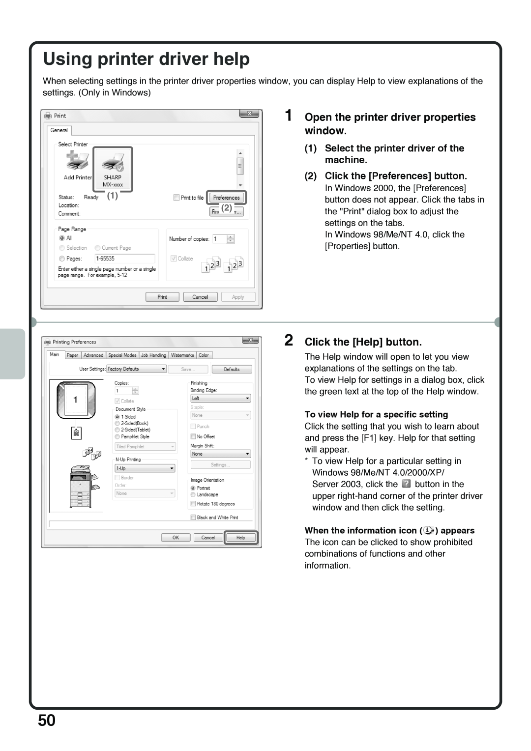 Sharp MX-4100N, MX-5000N Using printer driver help, Open the printer driver properties window, Click the Help button 