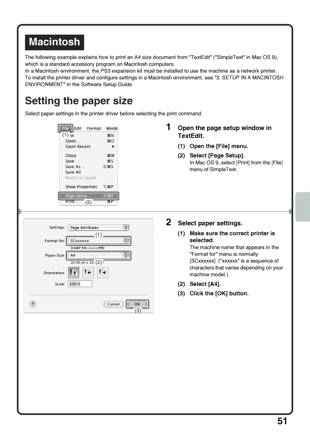 Sharp MX-5000N Macintosh, Setting the paper size, Open the page setup window in, TextEdit, Select paper settings, selected 