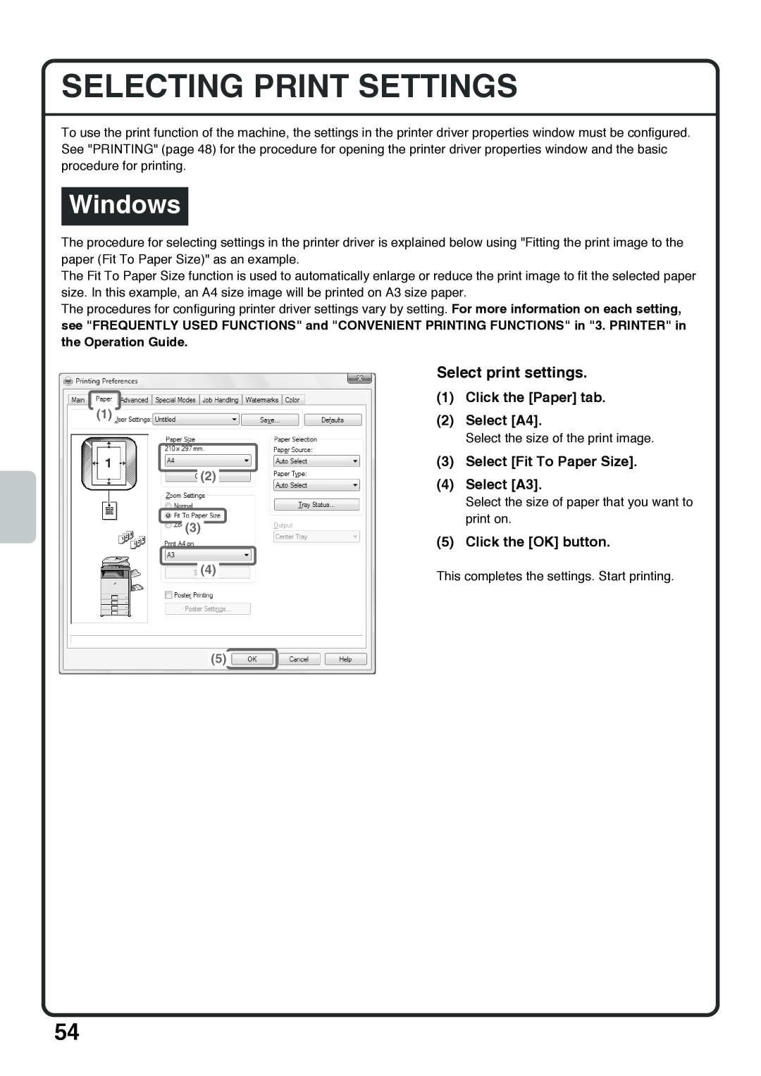 Sharp MX-4100N Selecting Print Settings, Select print settings, Windows, Click the Paper tab, Select A4, Select A3 