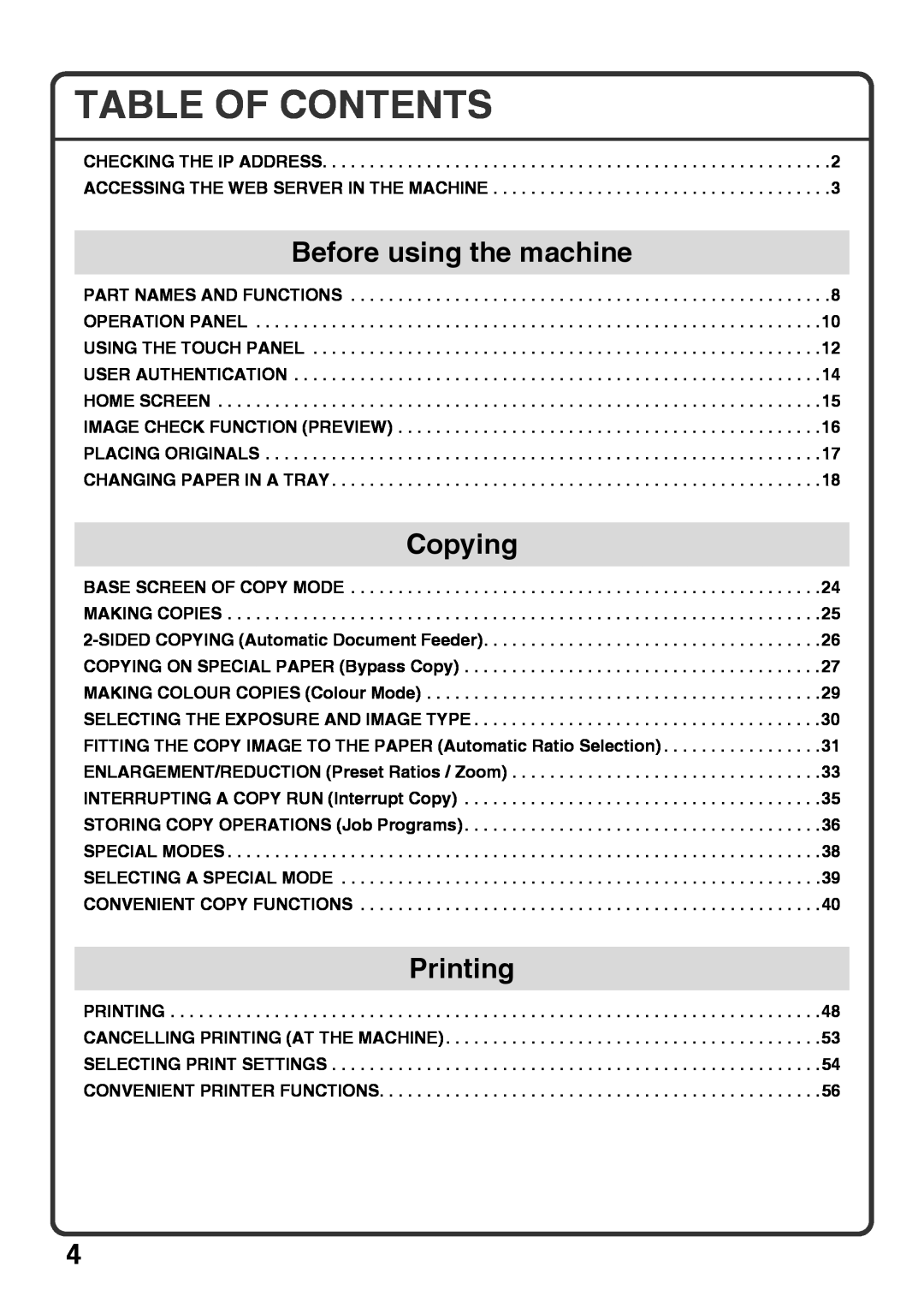 Sharp MX-4101N Table Of Contents, Before using the machine, Copying, Printing, Base Screen Of Copy Mode Making Copies 