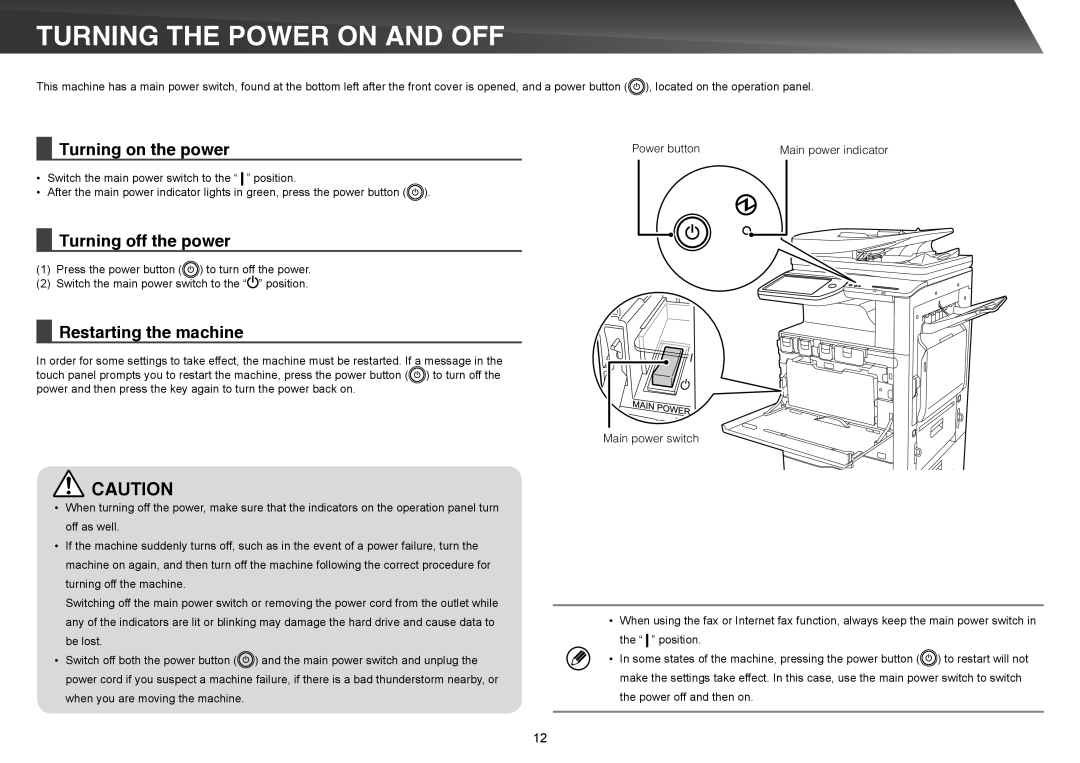 Sharp MX-4140N, MX-5140N Turning the Power on and OFF, Turning on the power, Turning off the power, Restarting the machine 