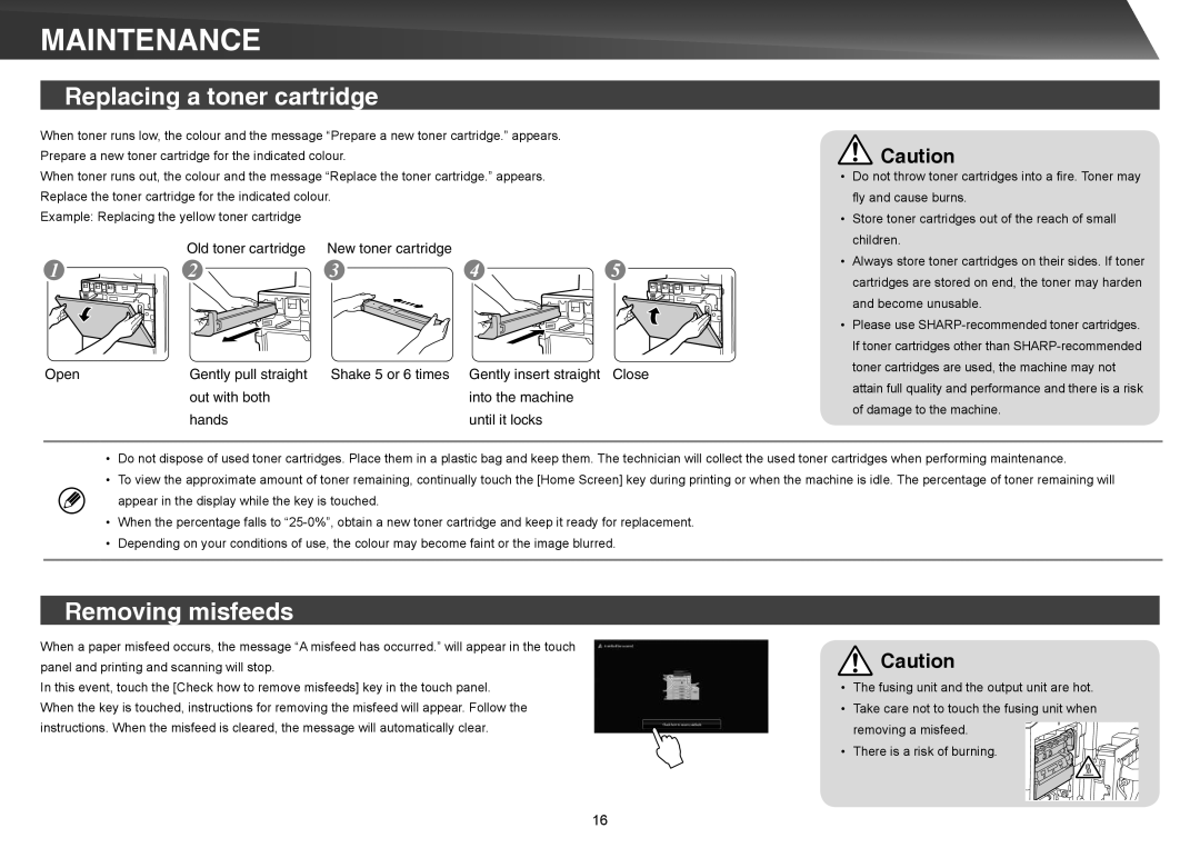 Sharp MX-4140N, MX-5140N, MX-5141N, MX-4141N quick start Maintenance, Replacing a toner cartridge, Removing misfeeds 